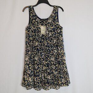 LILY ROSE Navy Blue & Yellow Floral Chiffon Sleeveless Short Tank Dress; Size M